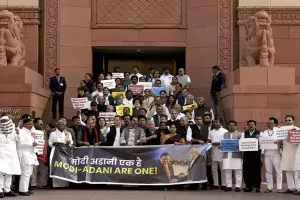 INDIA bloc MPs hold protest in Parliament complex over Adani issue, demand JPC probe